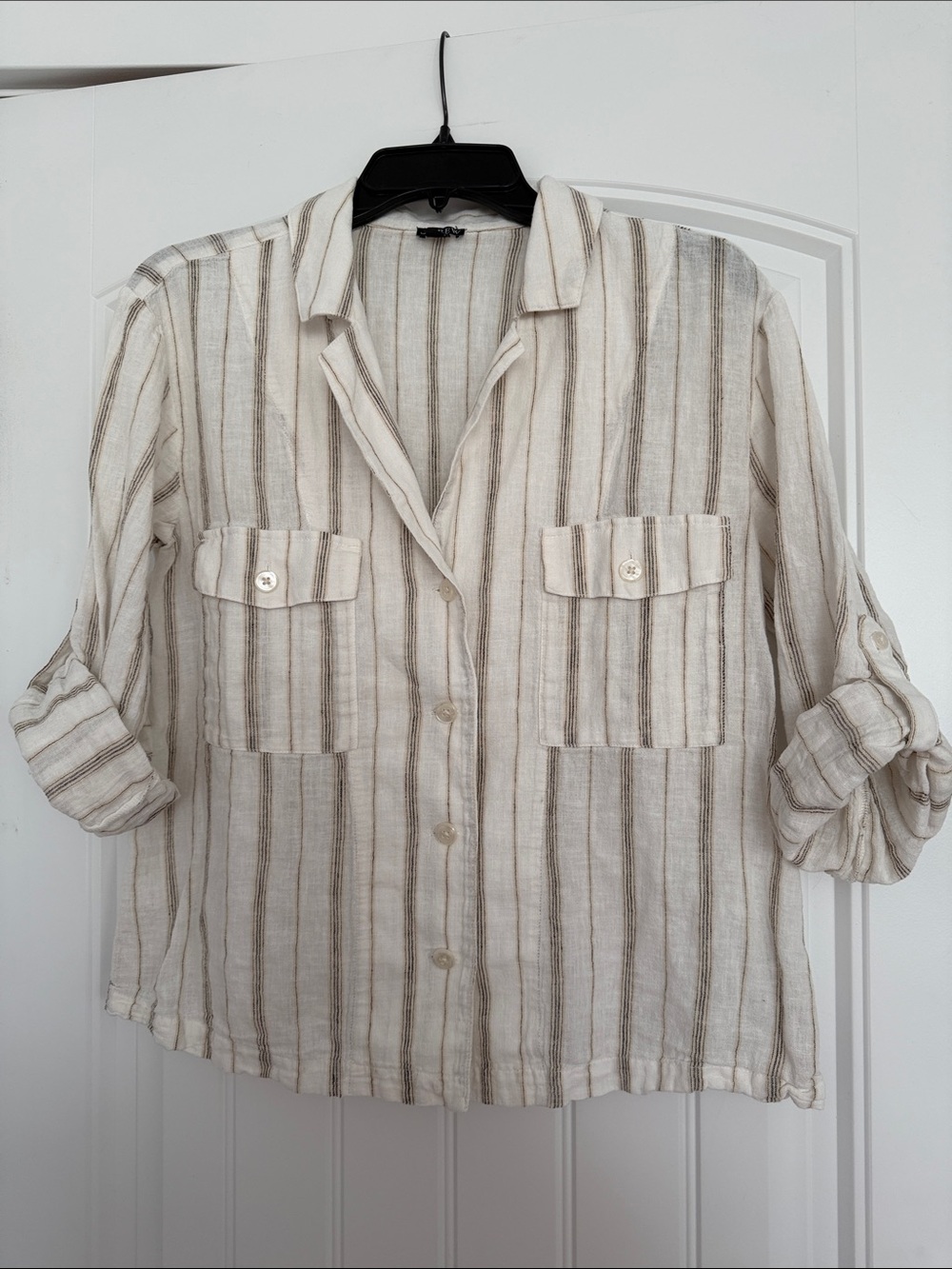 Striped Button-Front Linen Shirt in Cream and Taupe